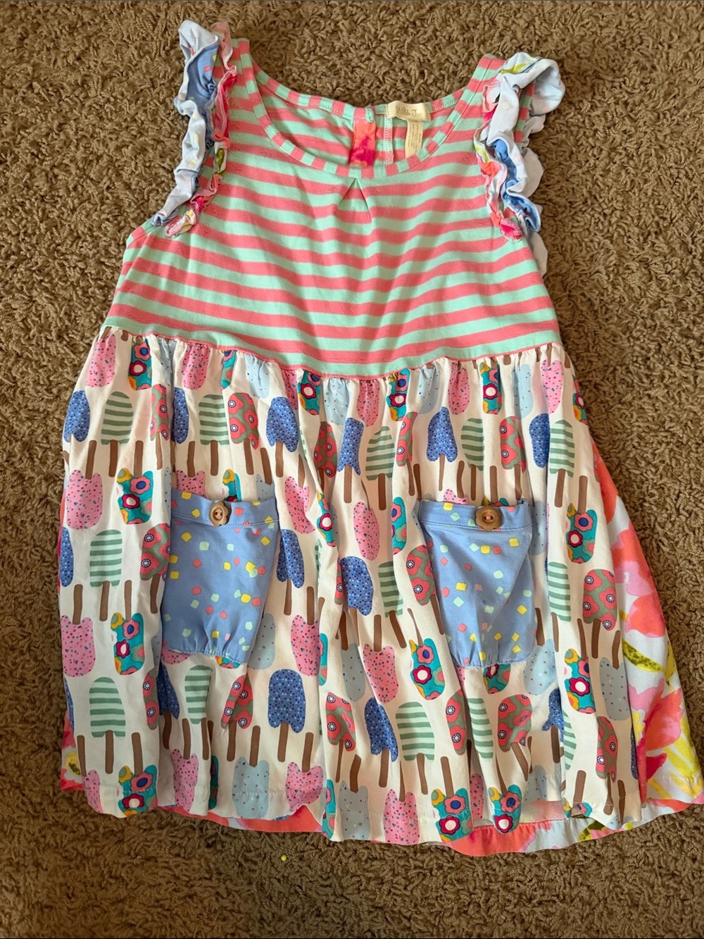Matilda Jane Mint & Pink Striped Sleeveless Dress with Ice Cream Print